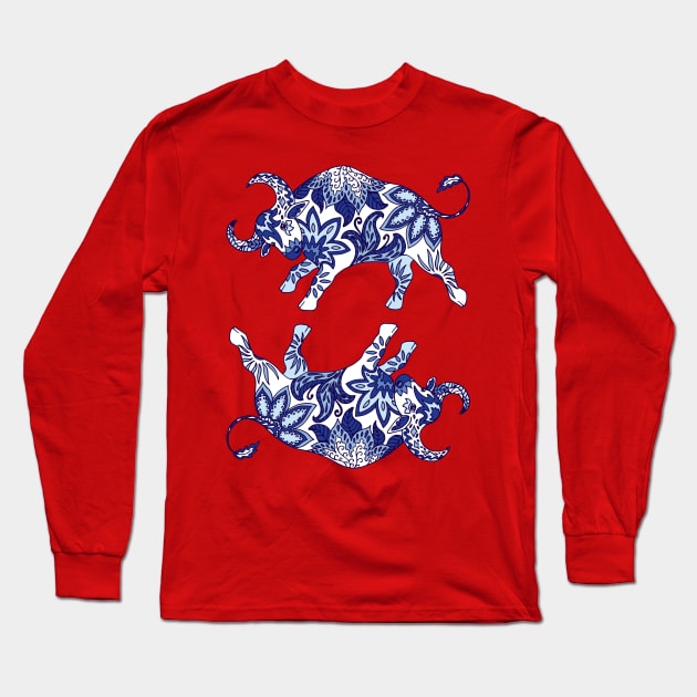 Paisley Oxen (Blue and Red Palette) Long Sleeve T-Shirt by illucalliart